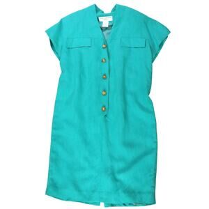 Vintage 90s Jones New York Dress LINEN Seafoam Green Mint Shift Wood Buttons 12